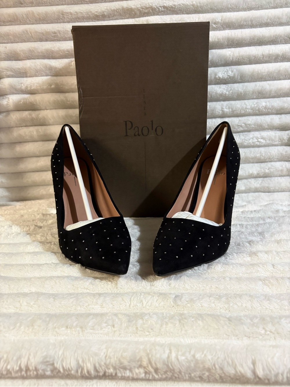 Linea Paolo Authentic Kid Black Suede Pointed Toe Heels with Crystal Studs 10M
